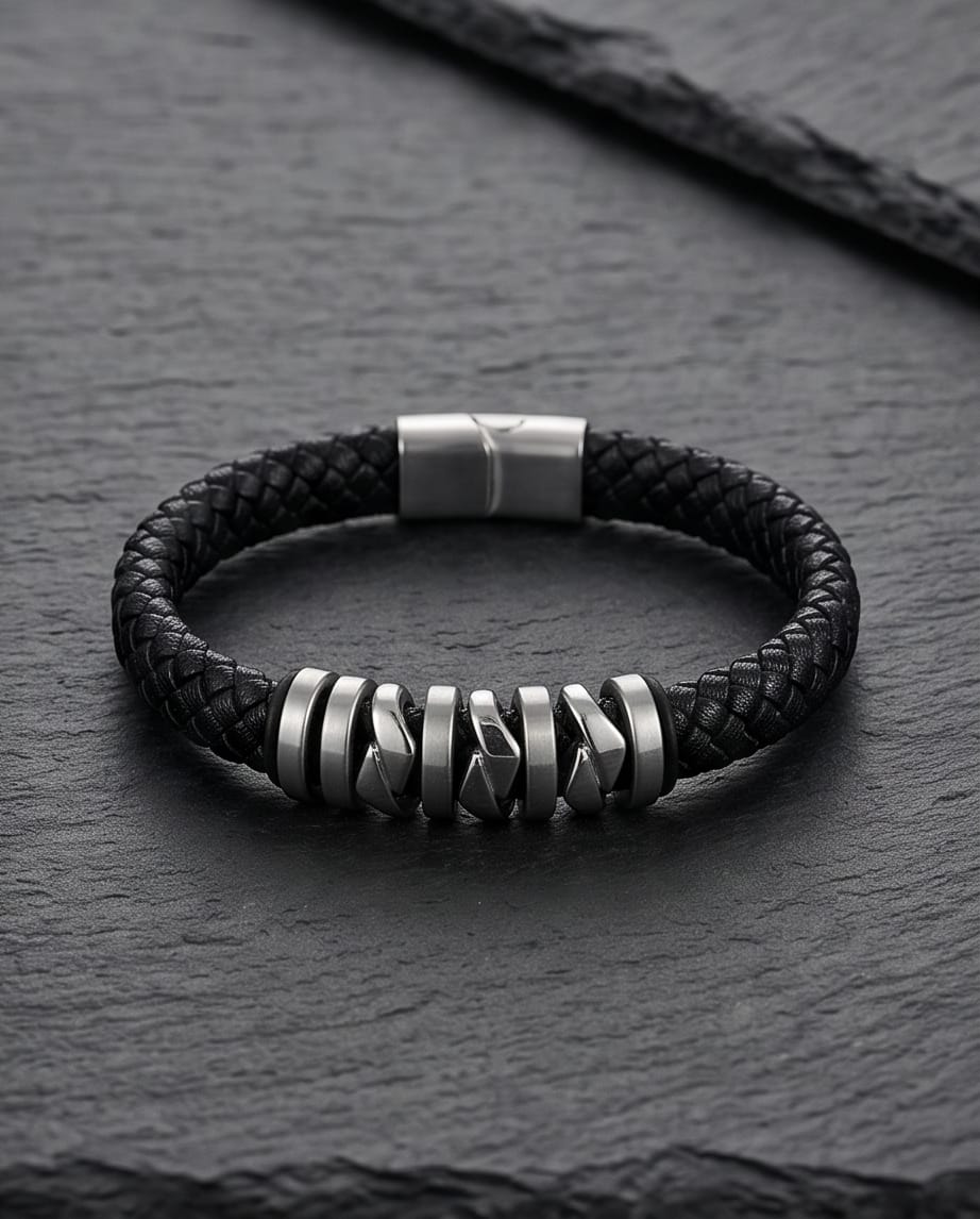 Uomo bracciale acciaio pelle zig zag