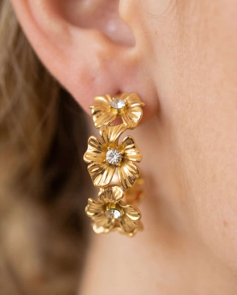 Orecchini cerchi acciaio fiore strass