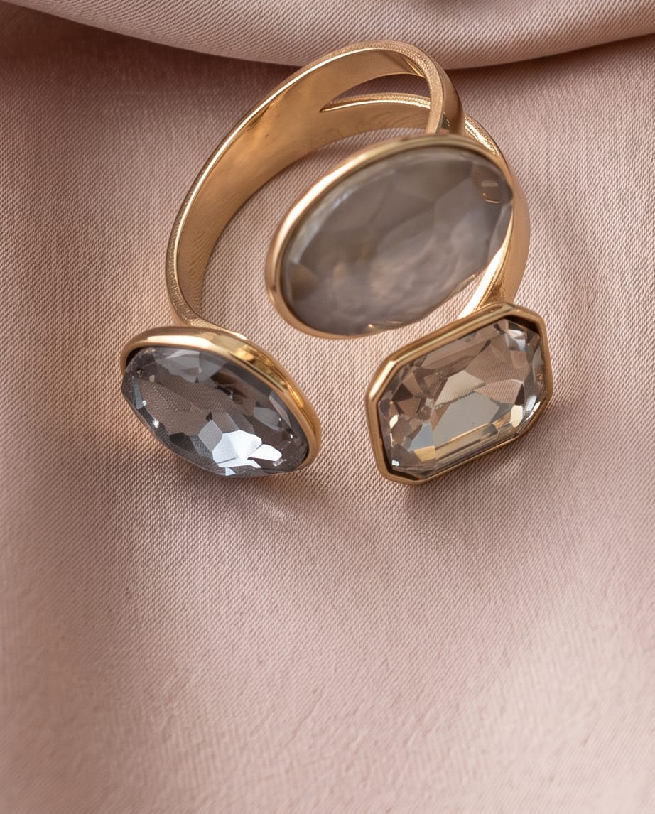 Anello acciaio triplo castone vetro