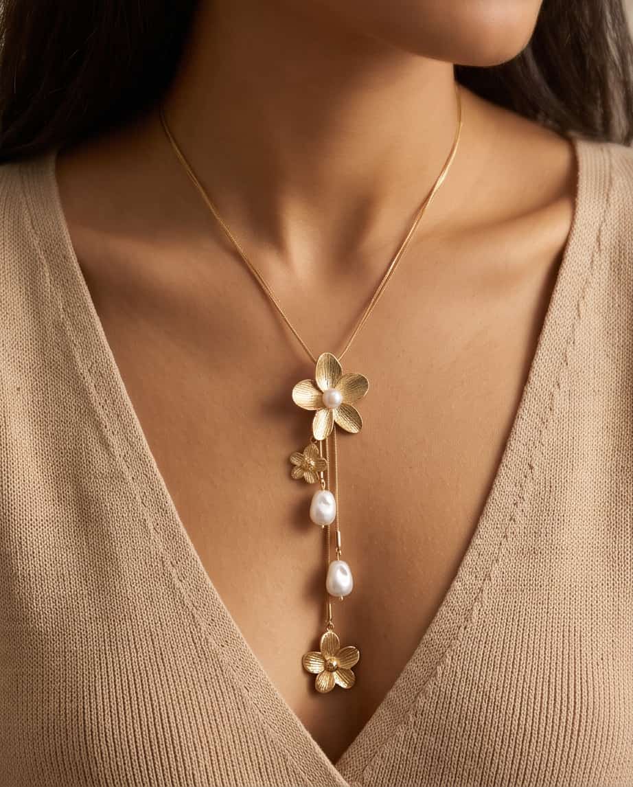 Collana regolabile acciaio fiore e perle