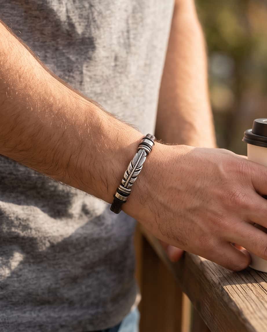 Uomo bracciale acciaio pelle piume