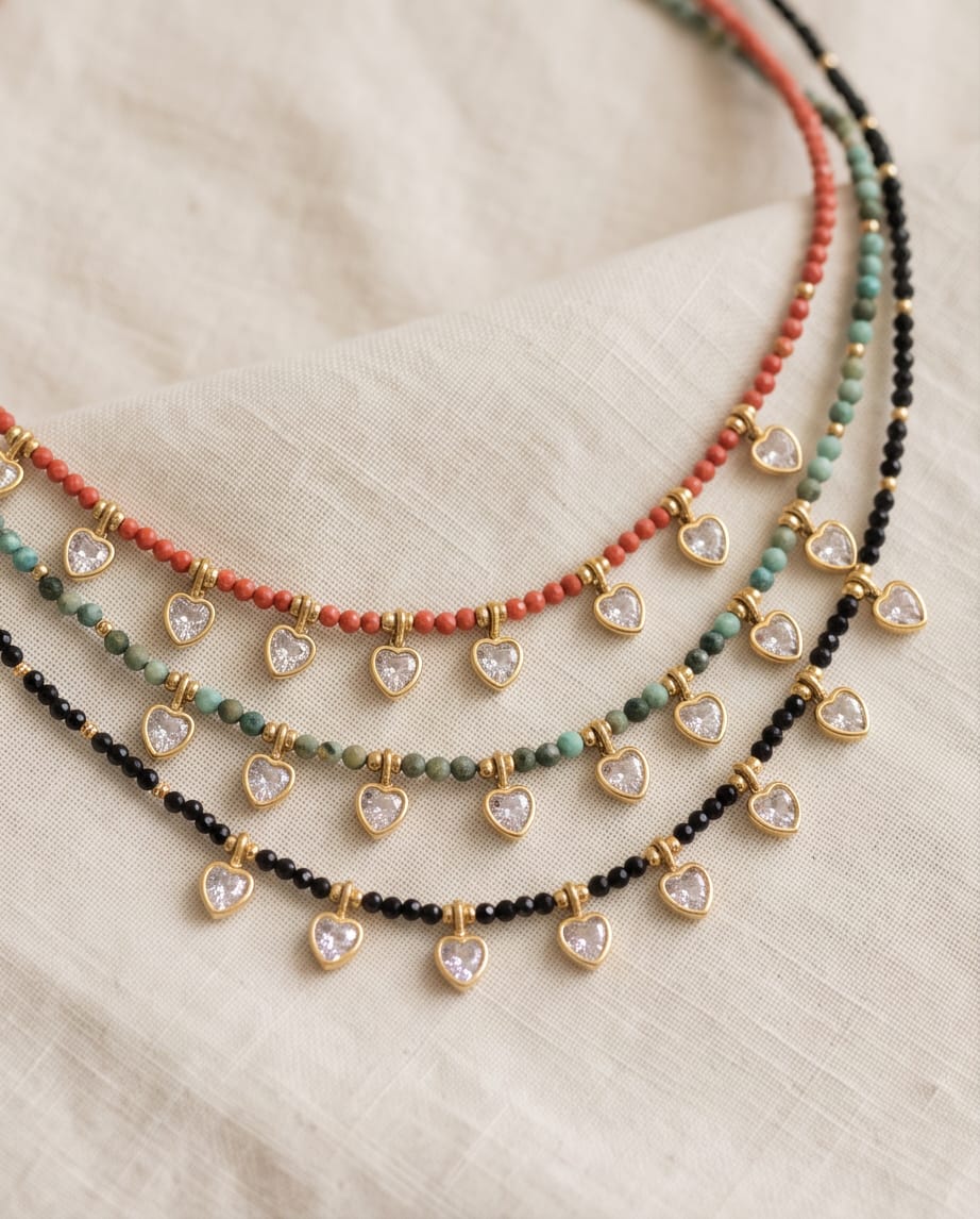 Collana regolabile acciaio cuori e pietrine