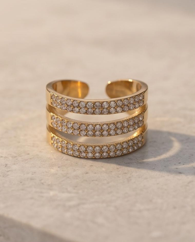 Anello acciaio triplo filo strass