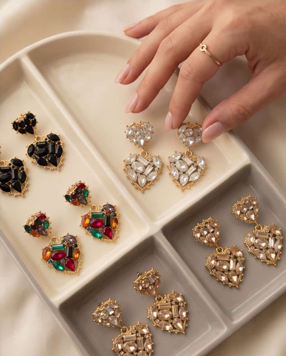 Orecchini pendenti acciaio cuore multi strass