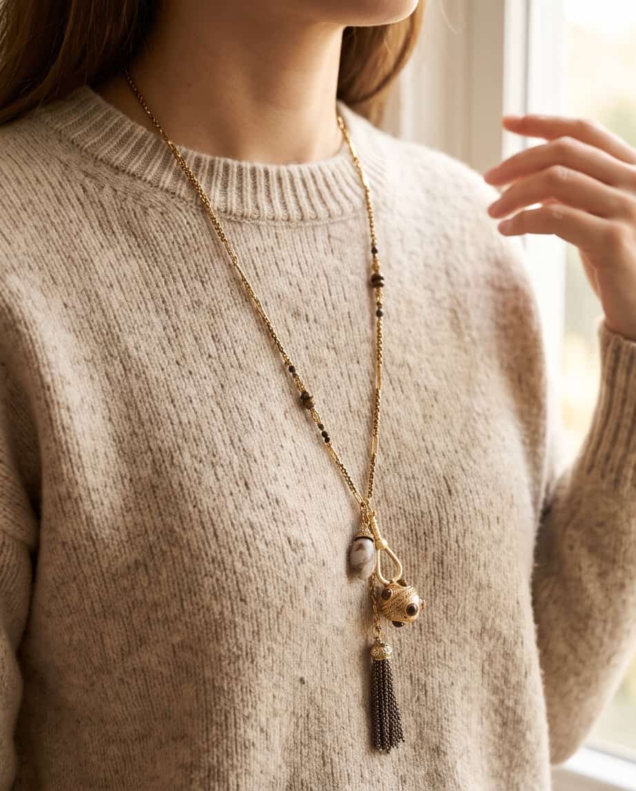 Collana regolabile acciaio charm pietra e ciuffo