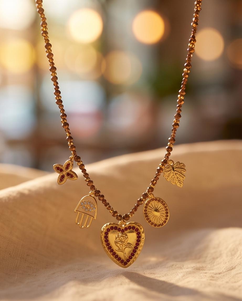 Collana regolabile acciaio cuore e charms