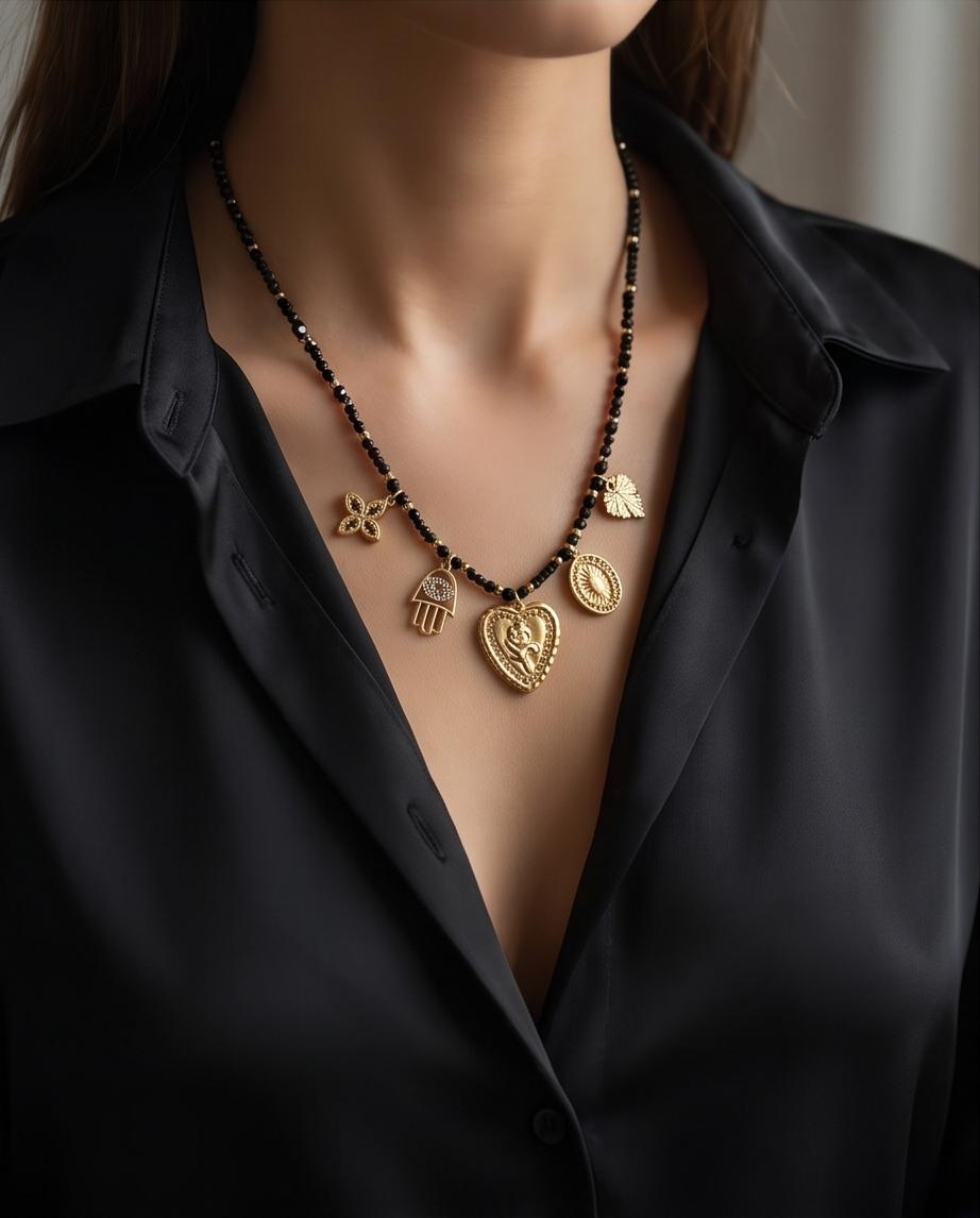 Collana regolabile acciaio cuore e charms