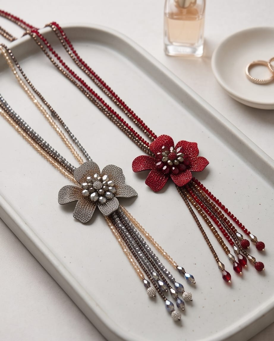 Collana lunga metallo 3 fili fiore strass