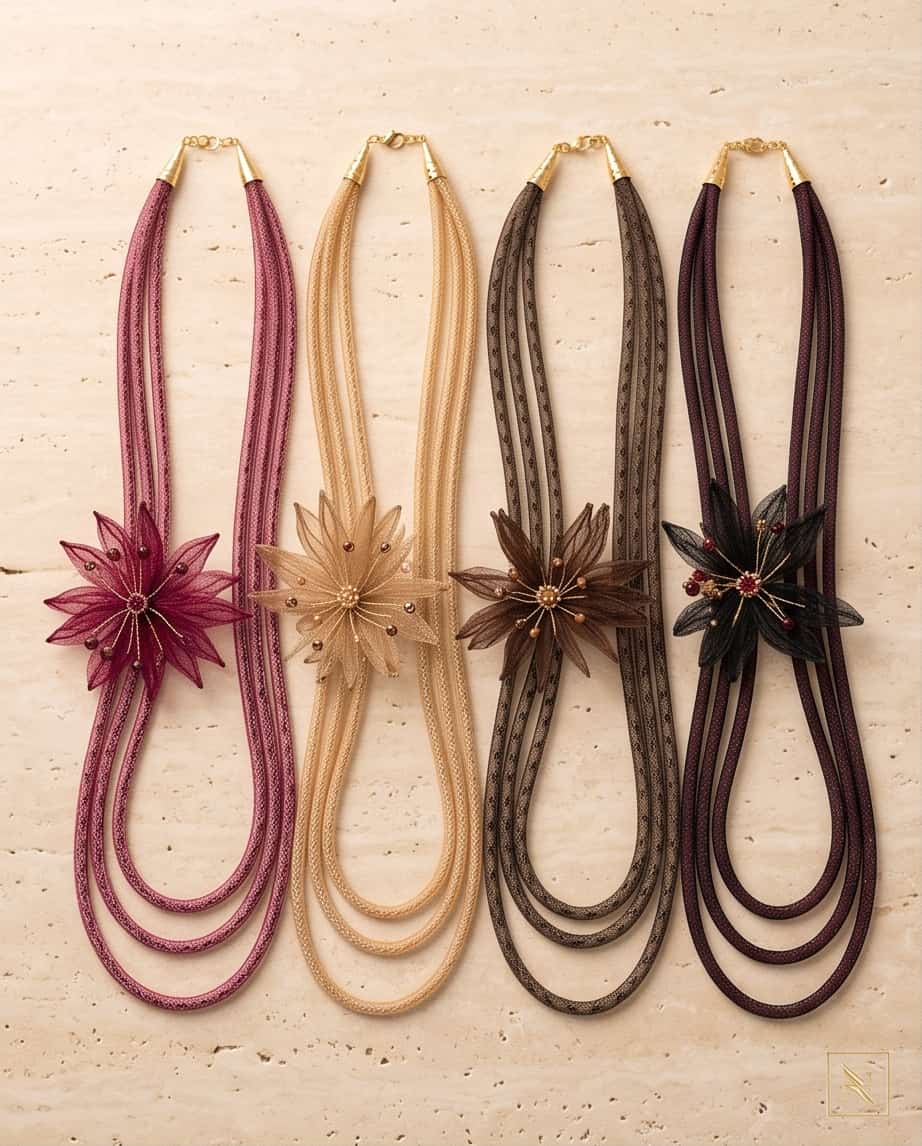 Collana lunga metallo triplo tubo nylon e vetro fiore