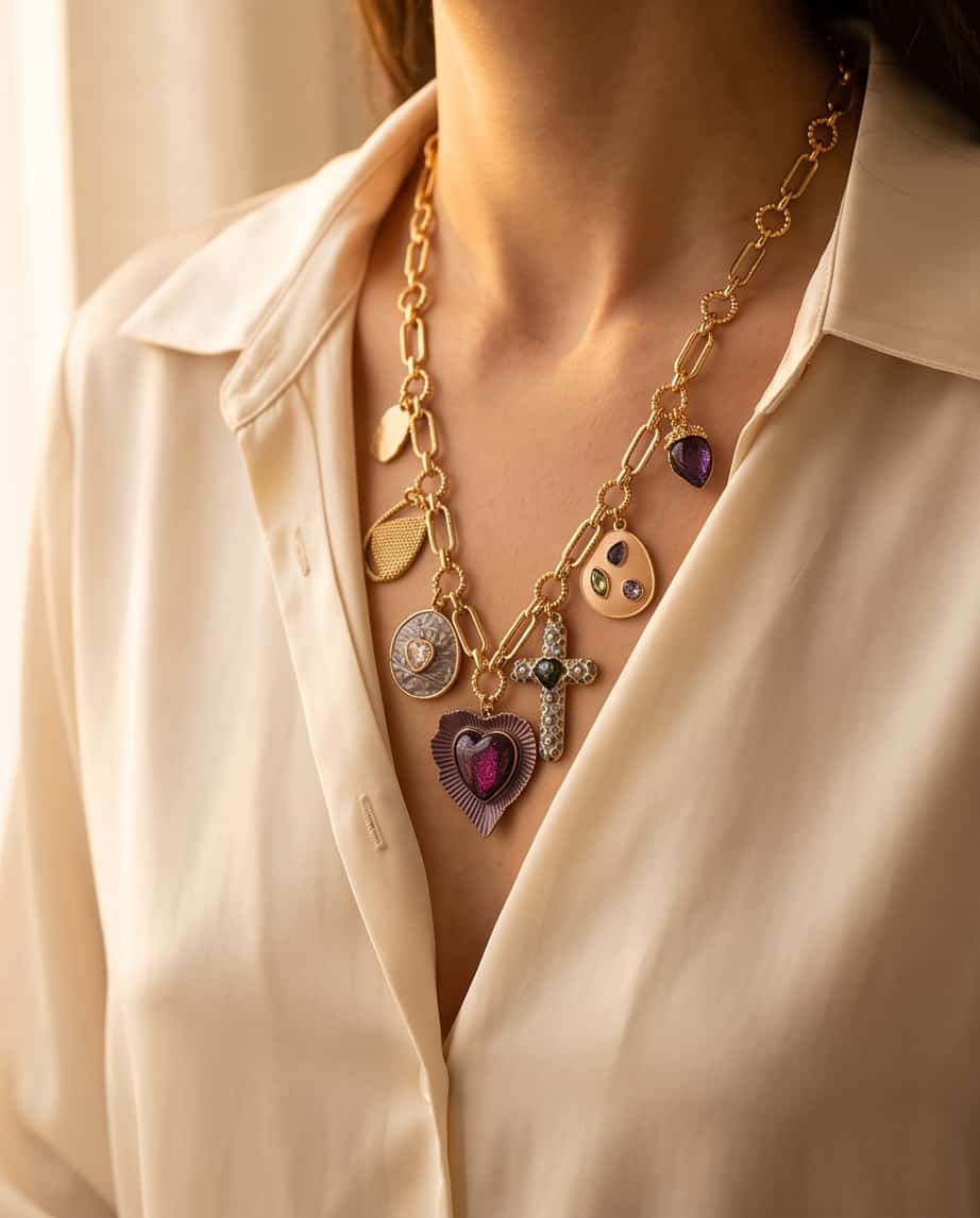 Collana regolabile acciaio charm cuori smaltati
