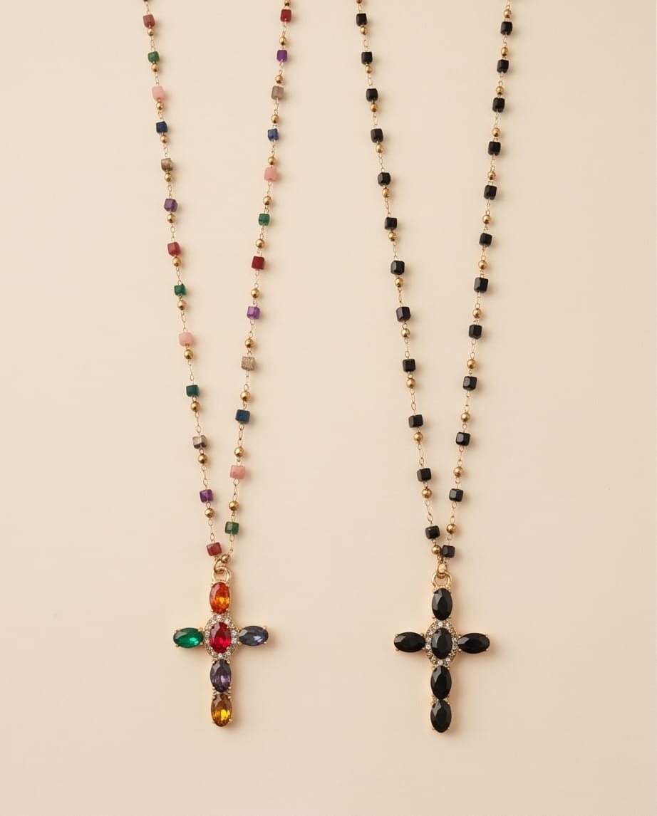 Collana regolabile acciaio croce strass vetro