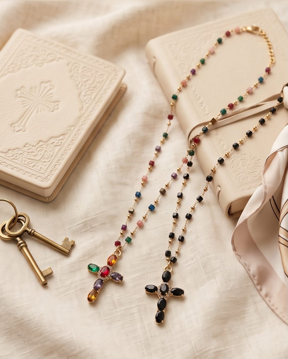 Collana regolabile acciaio croce strass vetro