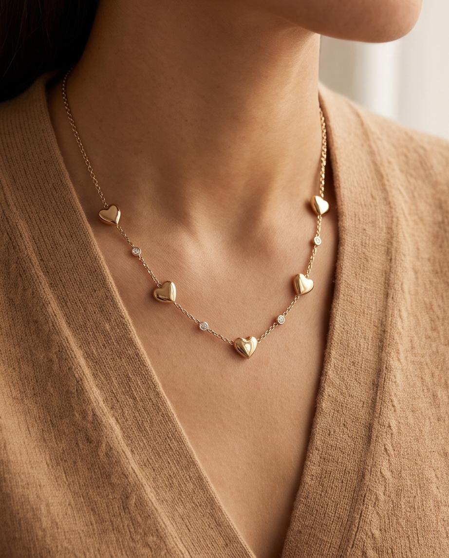 Collana regolabile acciaio cuoricini e punti luce