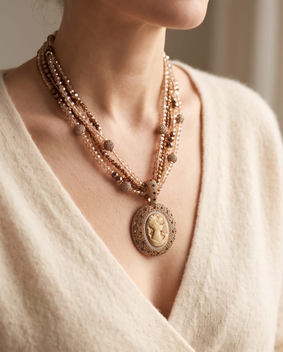 Collana regolabile acciaio vetro cammeo resina