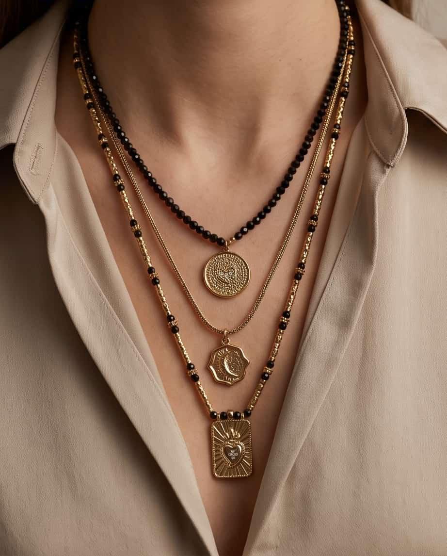 Collana regolabile acciaio 3 fili medaglie
