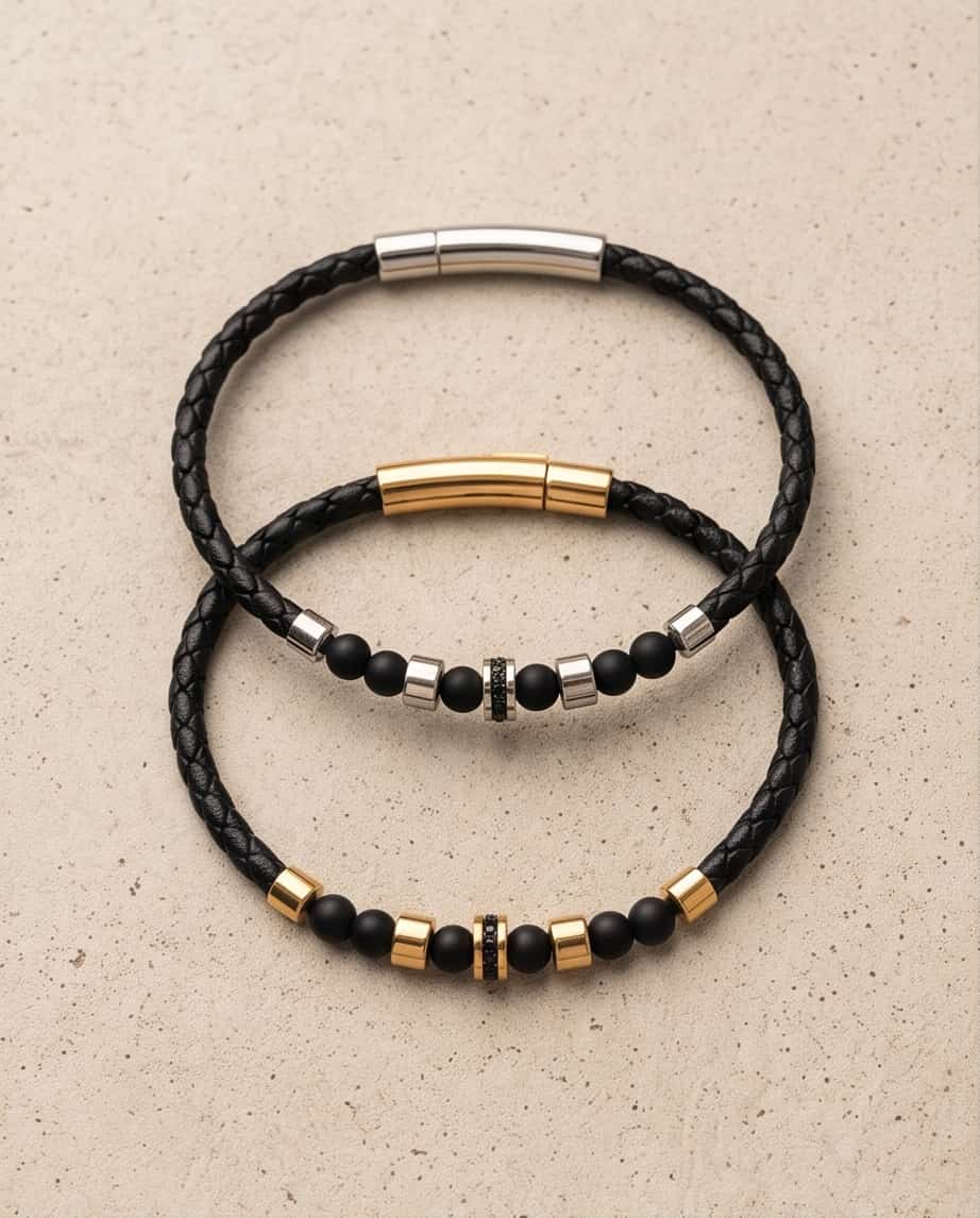 Uomo bracciale acciaio treccia pelle zircone