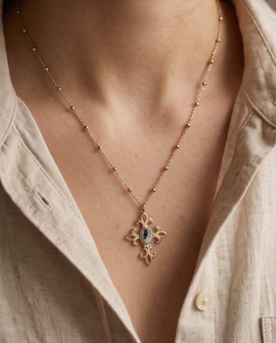 Collana lunga acciaio 80cm cammeo vetro