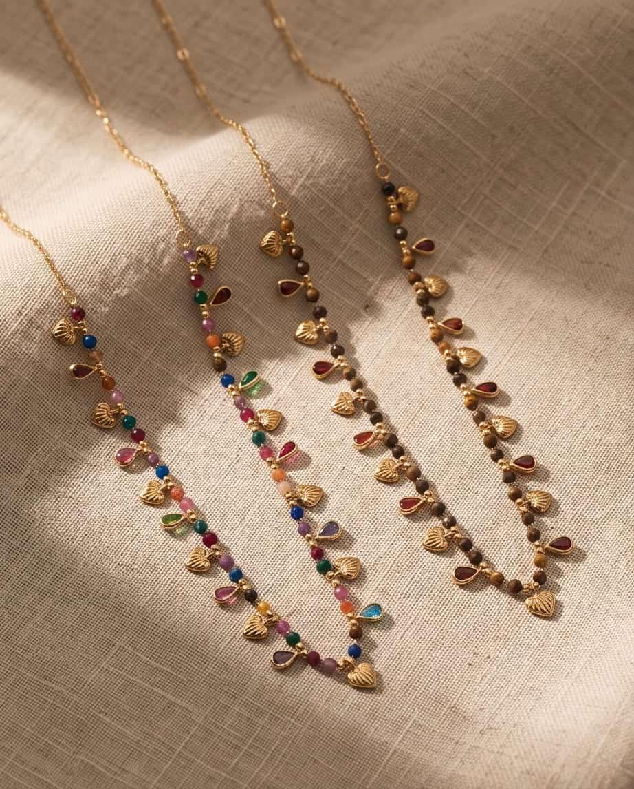 Collana regolabile acciaio mini charms vetro e pietra