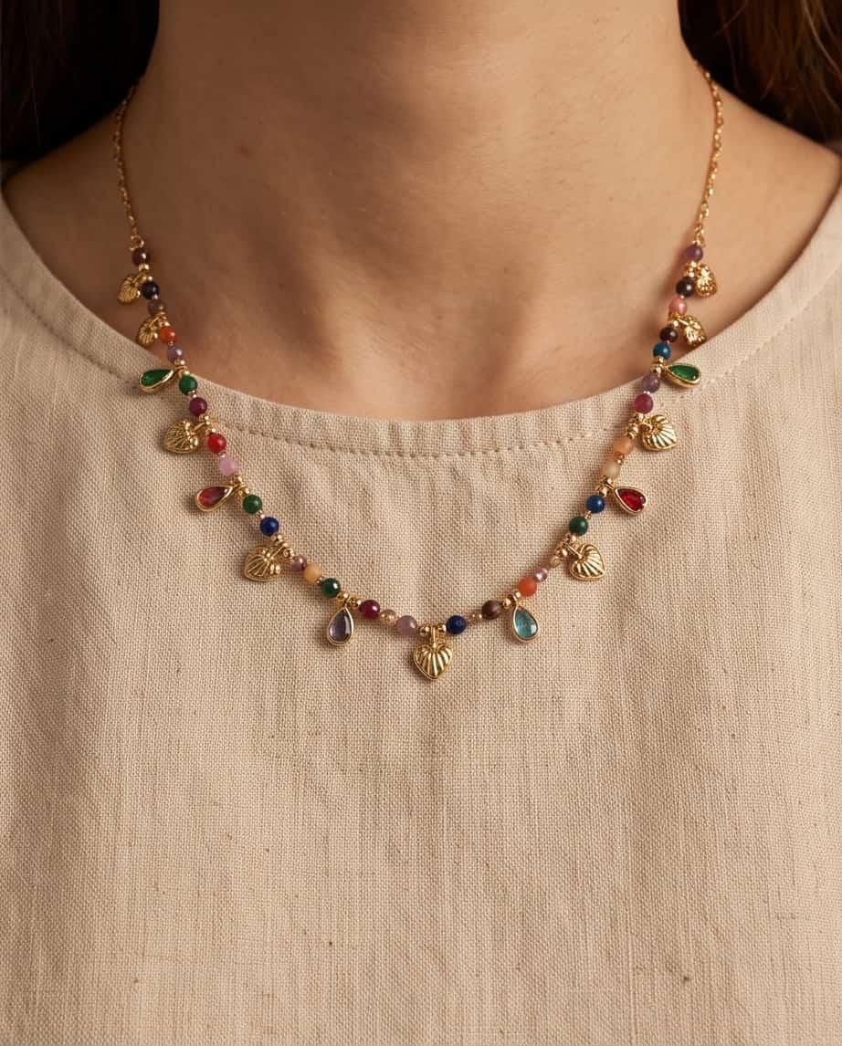 Collana regolabile acciaio mini charms vetro e pietra