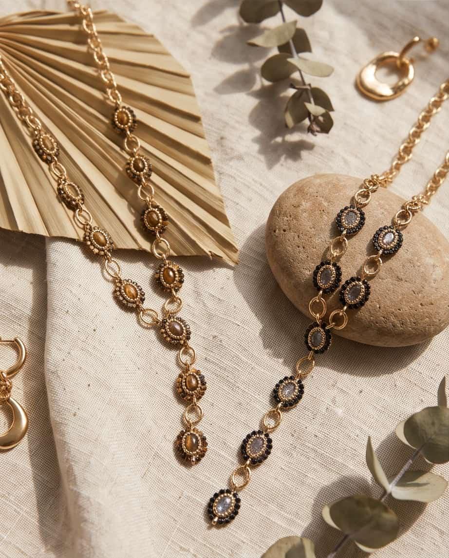 Collana regolabile acciaio ovali pietra 50cm