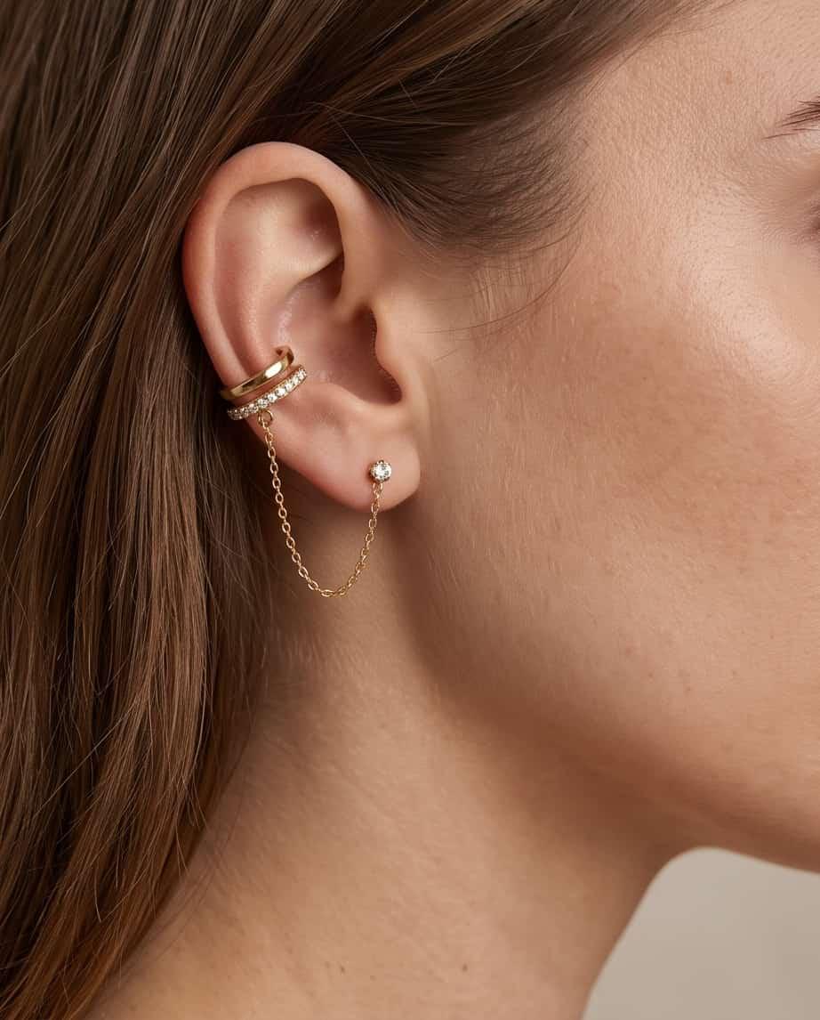 Orecchini pendenti acciaio punto luce e catena con earcuff