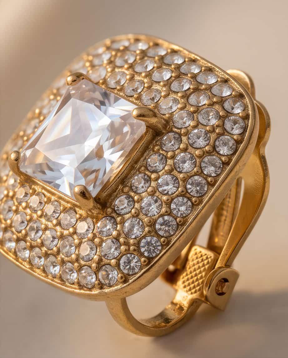 Orecchini clip acciaio quadrato strass