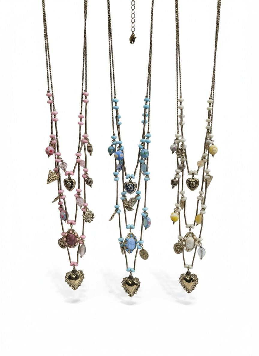 Collana lunga acciaio vetro e medaglie