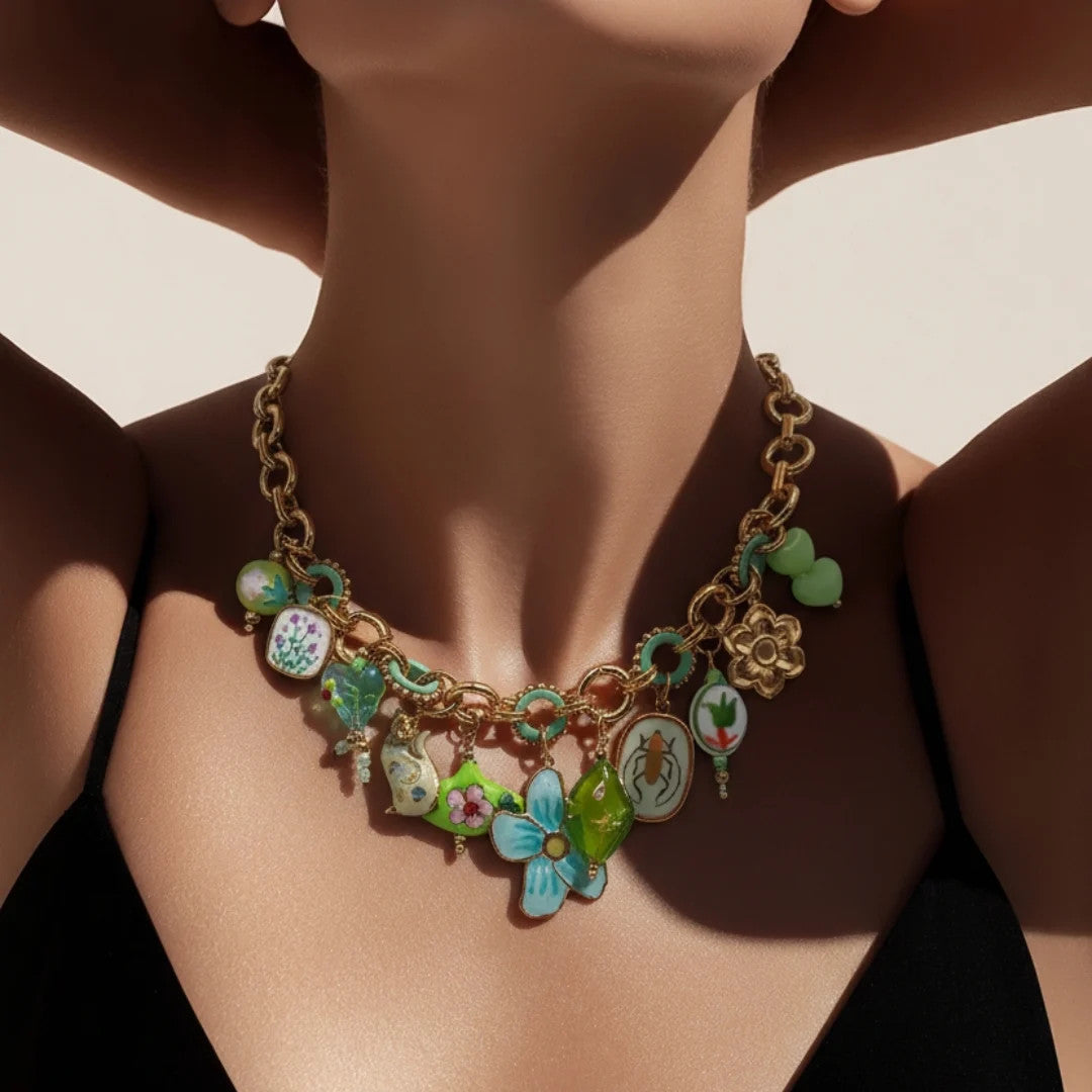 Collana regolabile acciaio vetro fiore smaltato