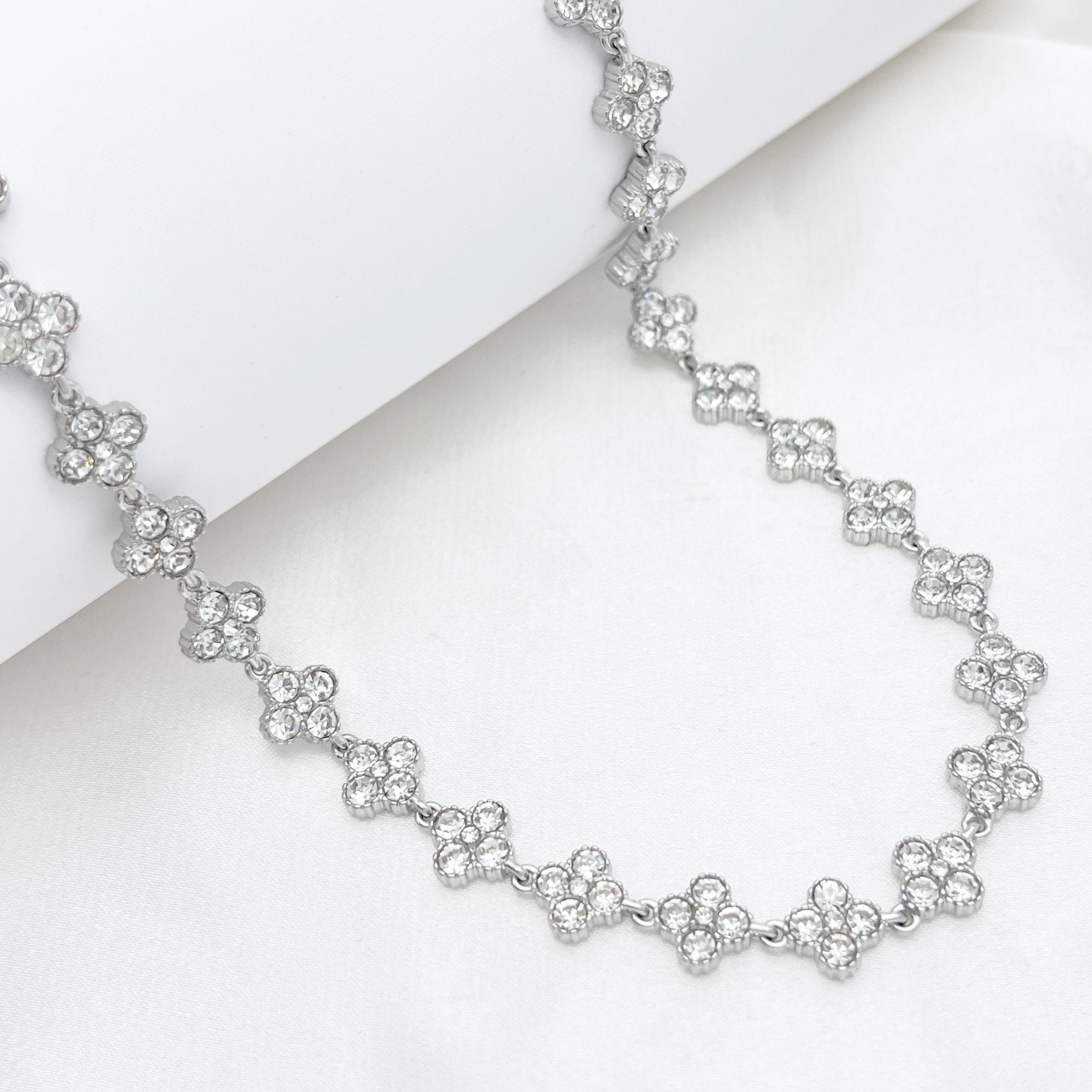 Collana tennis acciaio fiori strass
