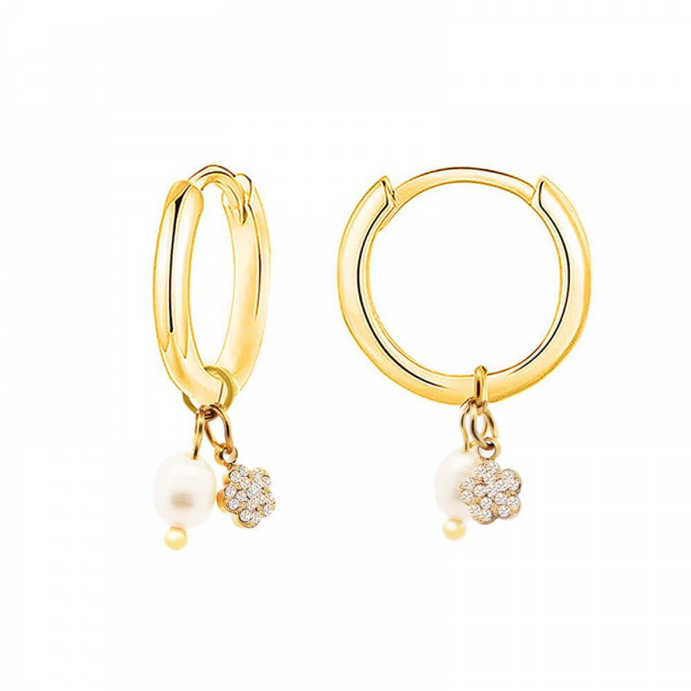 Orecchini cerchi acciaio perla fiume strass