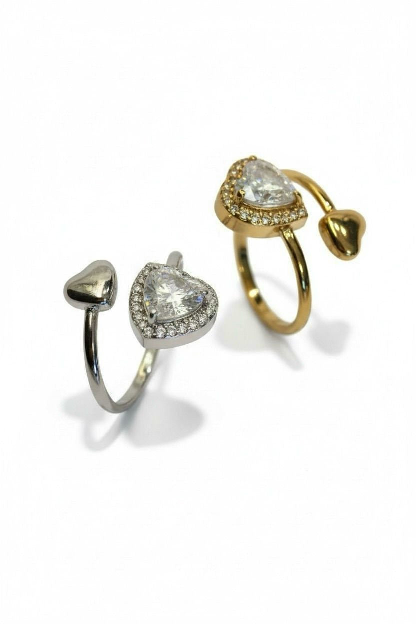 Anello acciaio doppio cuore strass