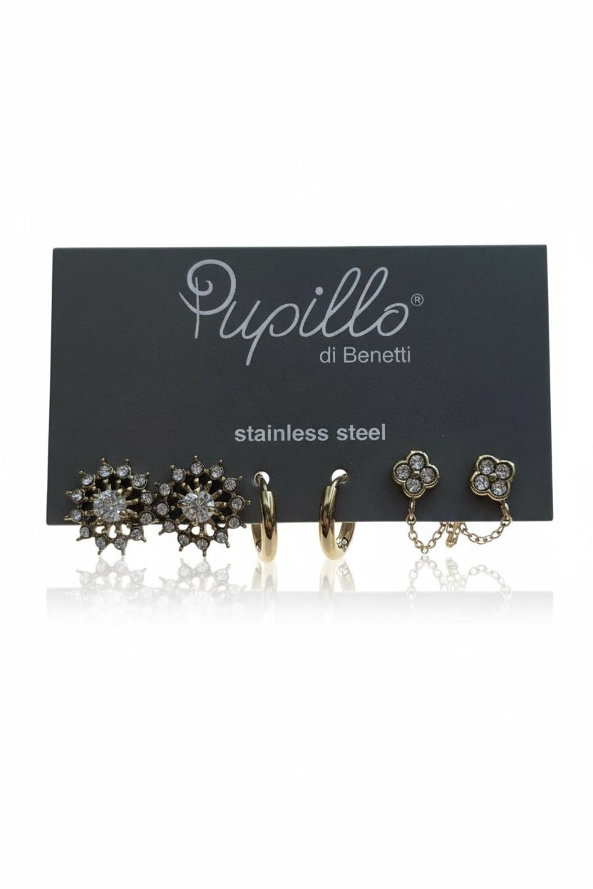 Orecchini set 3 paia acciaio strass